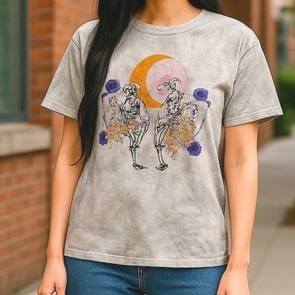 Mighty Fine Dancing Skeletons Floral Moon Tie Dye Graphic Tee Size XL Goth Indie